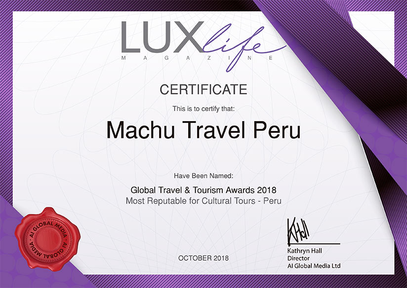 lux life magazine travel awards certificate machu travel peru
