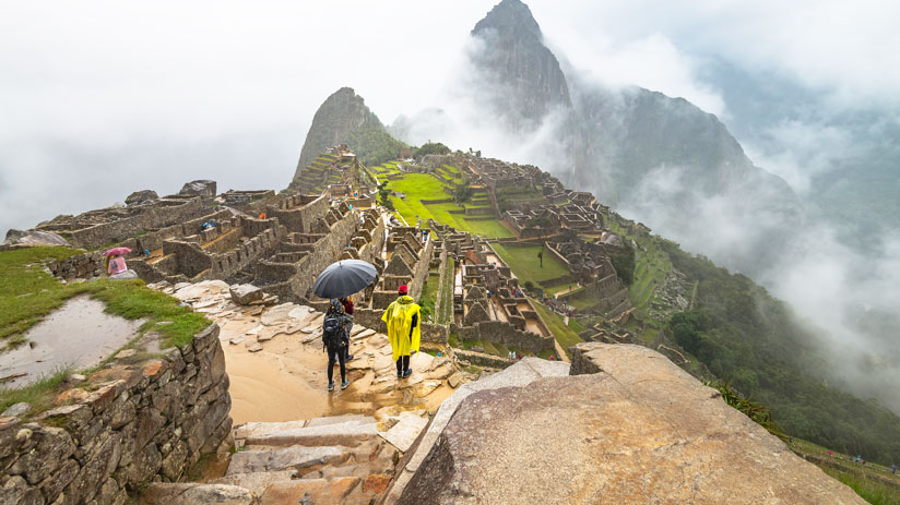 walking up machu picchu rainy