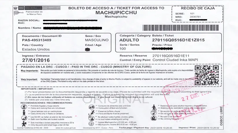 machu picchu entrance ticket