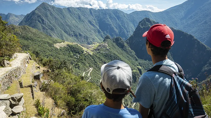 Family hiking in Machu Picchu